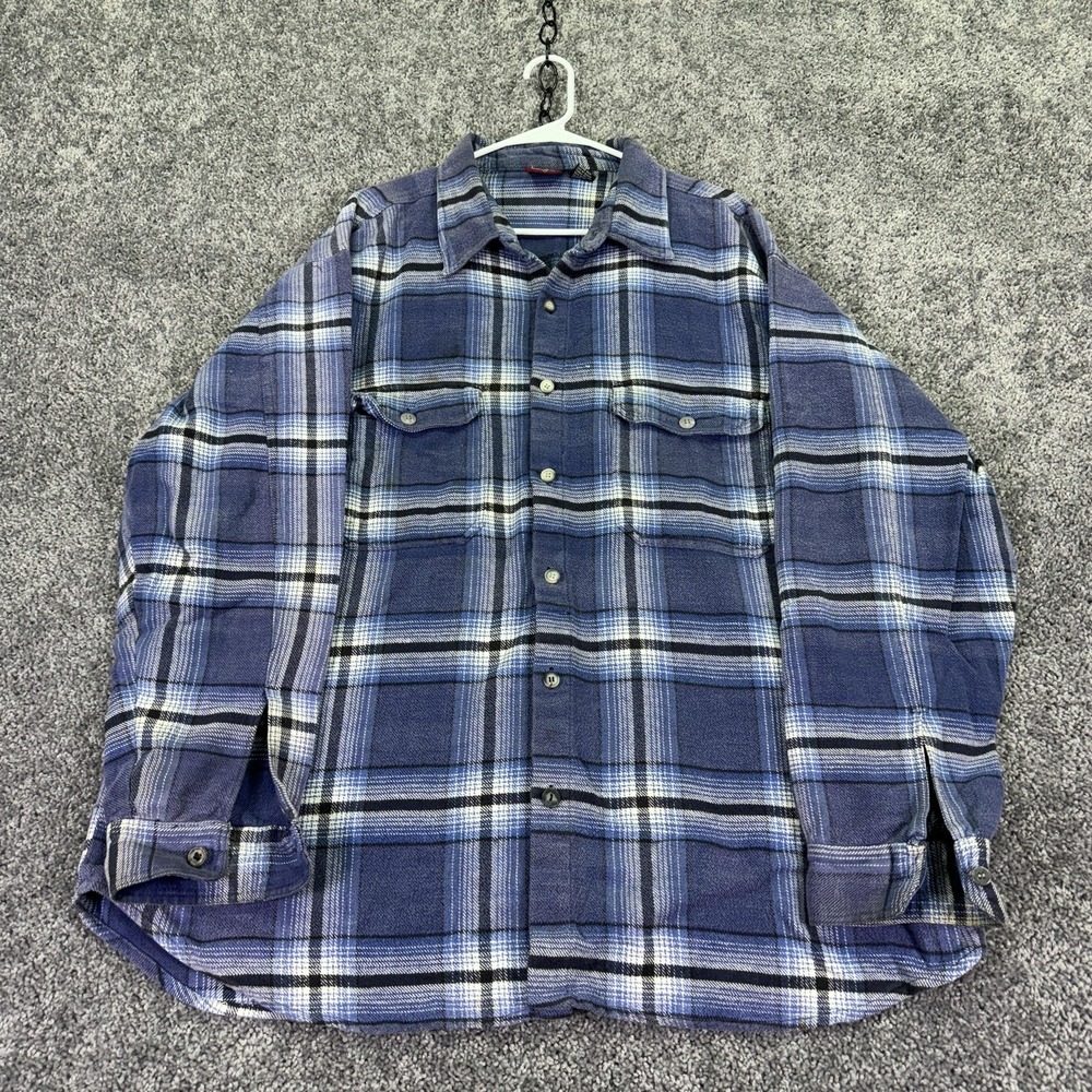 Shah Safari Shirt Mens Big XL Blue Plaid Flannel Long Sleeve Button Up Pockets